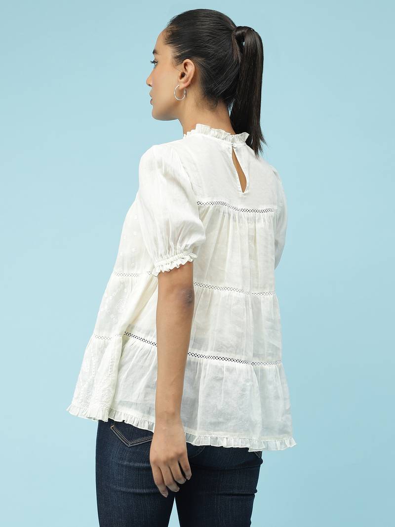Ecru Embroidered Top With Lace Inserts