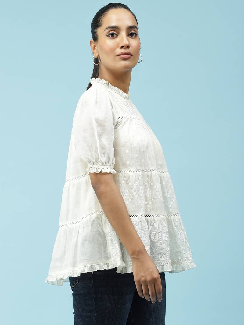 Ecru Embroidered Top With Lace Inserts