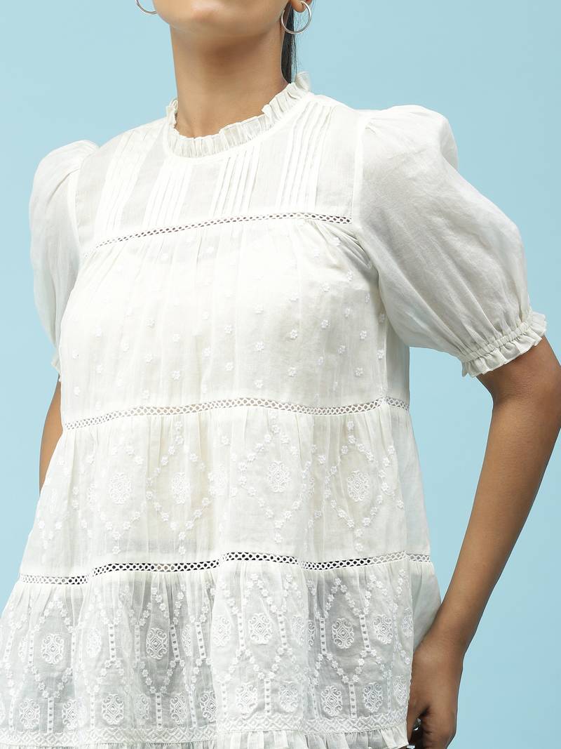 Ecru Embroidered Top With Lace Inserts