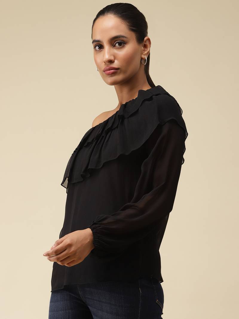 Black Ruffled One Shoulder Top