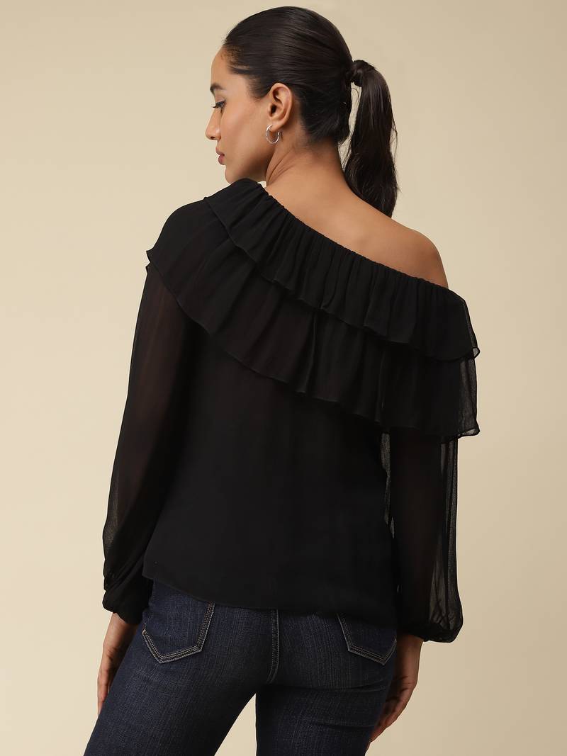 Black Ruffled One Shoulder Top