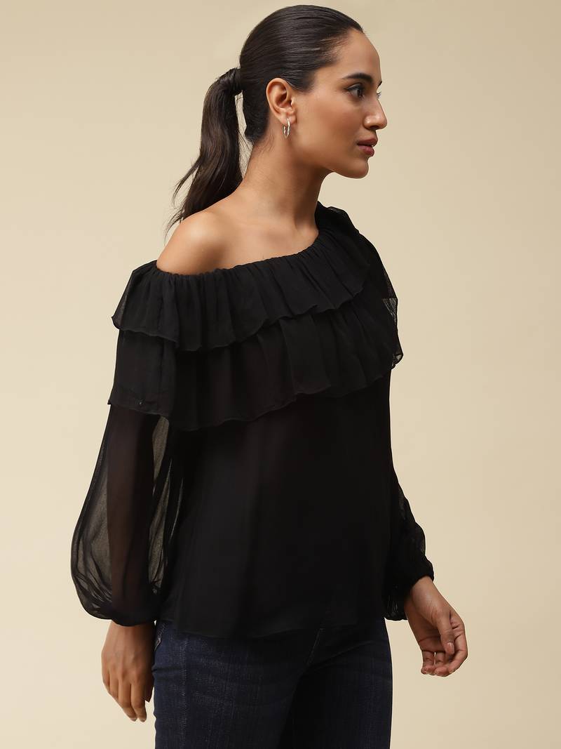 Black Ruffled One Shoulder Top