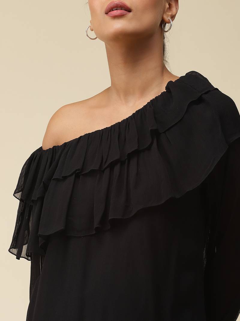 Black Ruffled One Shoulder Top