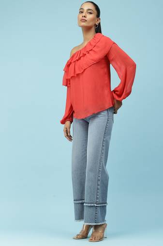 Red Ruffled One Shoulder Top