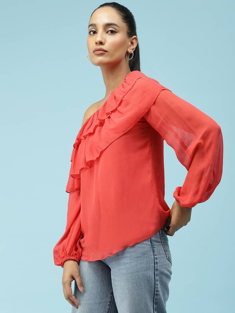 Red Ruffled One Shoulder Top