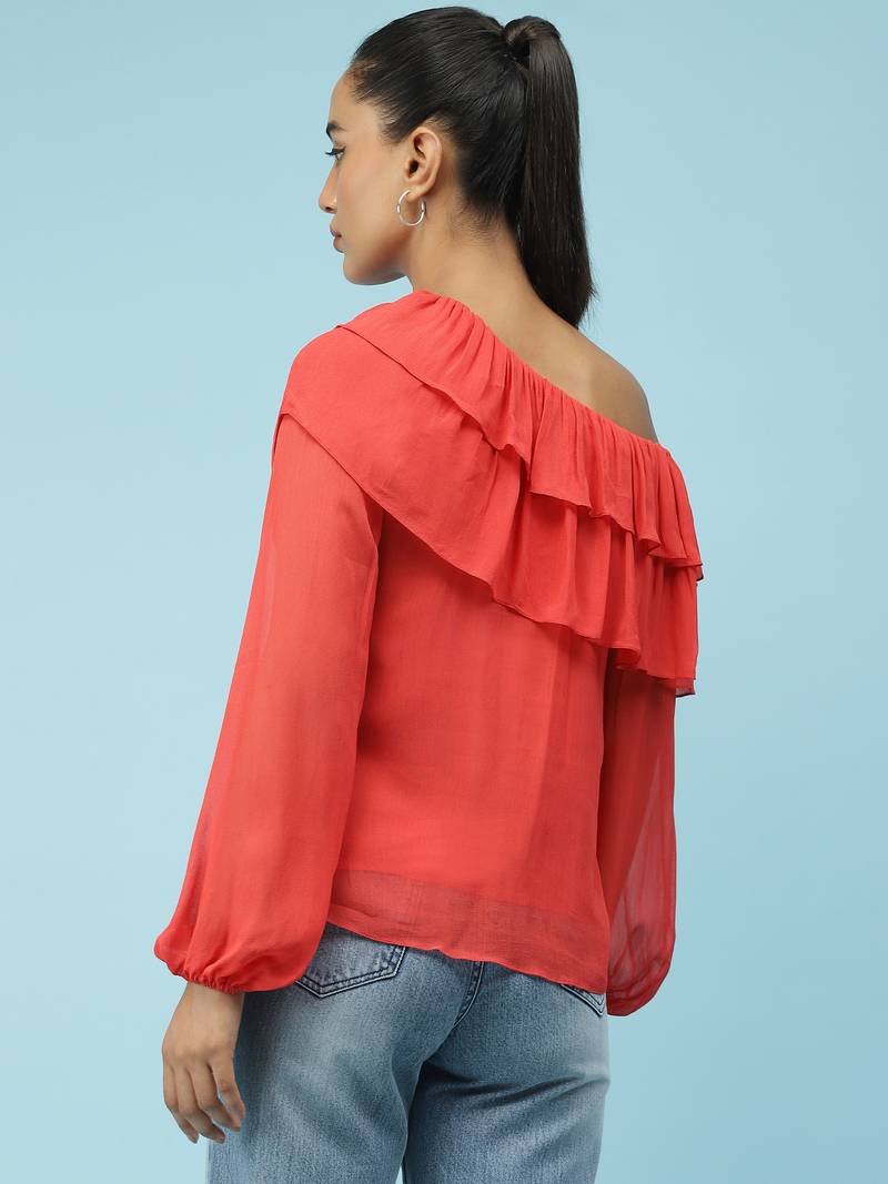 Red Ruffled One Shoulder Top