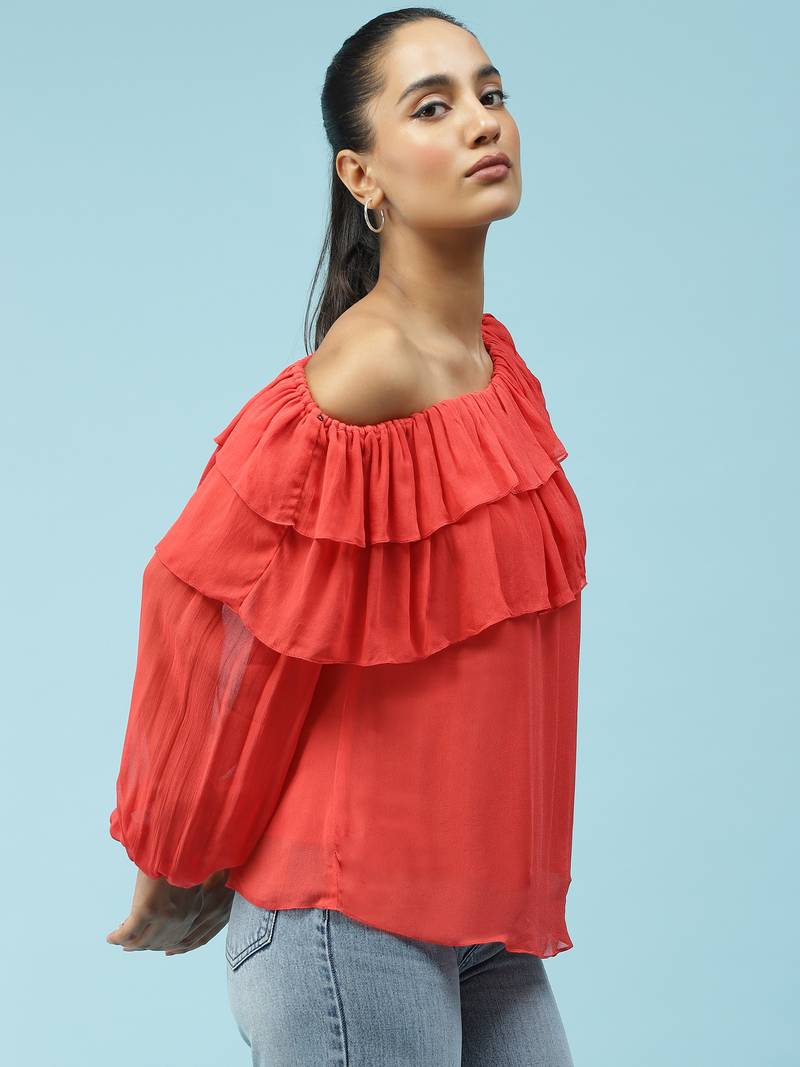 Red Ruffled One Shoulder Top