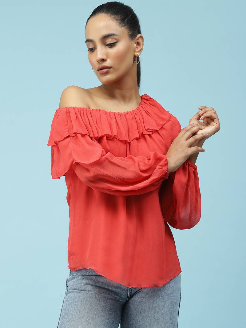 Red Ruffled One Shoulder Top