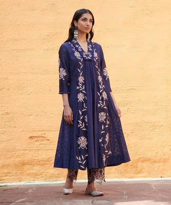 Jharokha Navy Blue With Peach Kurta-Sets 1