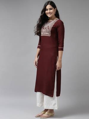 Maroon embroidered rayon kurtas-and-kurtis 2