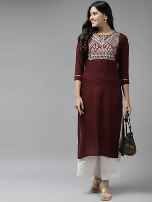 Maroon embroidered rayon kurtas-and-kurtis 5