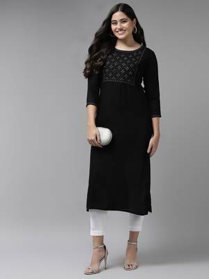 Black embroidered rayon kurtas-and-kurtis 5