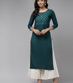 Teal-blue embroidered rayon kurtas-and-kurtis