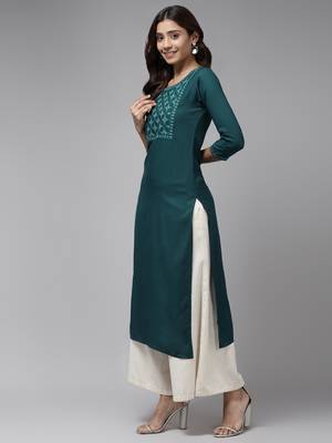 Teal-blue embroidered rayon kurtas-and-kurtis 2