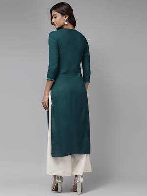 Teal-blue embroidered rayon kurtas-and-kurtis 3