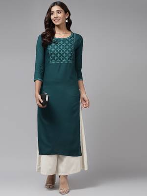 Teal-blue embroidered rayon kurtas-and-kurtis 5
