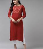 Red embroidered rayon kurtas-and-kurtis