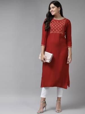 Red embroidered rayon kurtas-and-kurtis 5