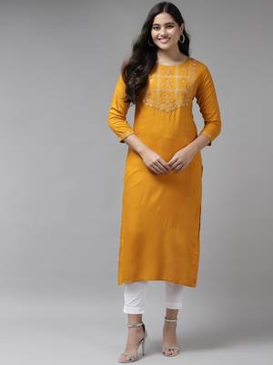 Mustard embroidered rayon kurtas-and-kurtis 1