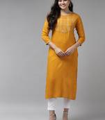 Mustard embroidered rayon kurtas-and-kurtis