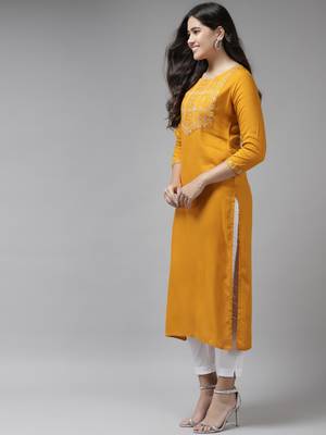 Mustard embroidered rayon kurtas-and-kurtis 2
