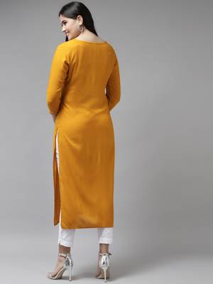 Mustard embroidered rayon kurtas-and-kurtis 3