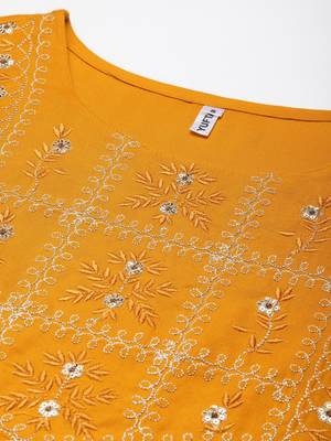 Mustard embroidered rayon kurtas-and-kurtis 4