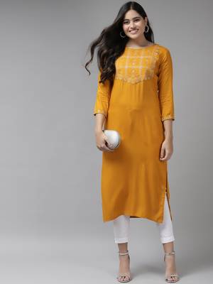 Mustard embroidered rayon kurtas-and-kurtis 5