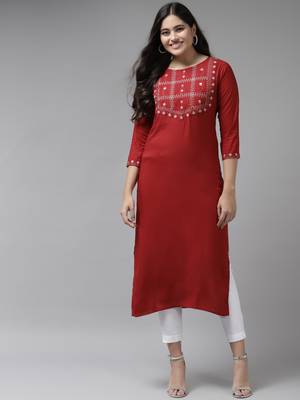 Red embroidered rayon kurtas-and-kurtis 1