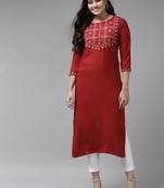 Red embroidered rayon kurtas-and-kurtis