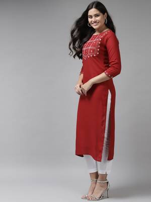 Red embroidered rayon kurtas-and-kurtis 2