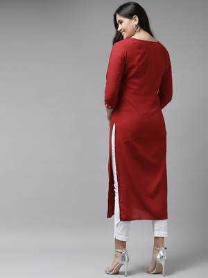 Red embroidered rayon kurtas-and-kurtis 3