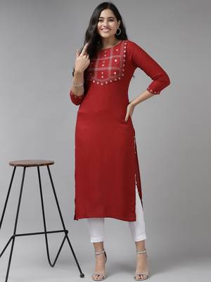 Red embroidered rayon kurtas-and-kurtis 5