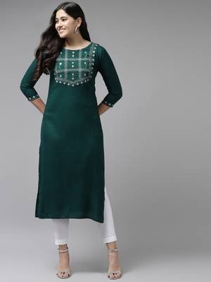 Teal-blue embroidered rayon kurtas-and-kurtis 1