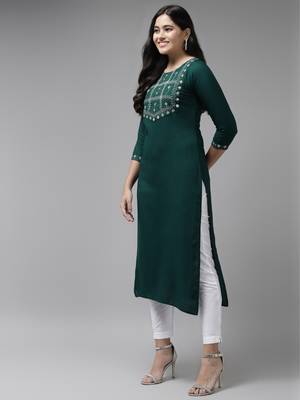 Teal-blue embroidered rayon kurtas-and-kurtis 2