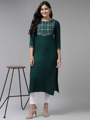 Teal-blue embroidered rayon kurtas-and-kurtis 5