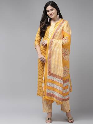 Yellow printed cotton ethnic-kurtis 1