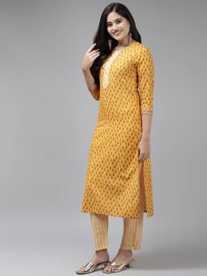 Yellow printed cotton ethnic-kurtis 2