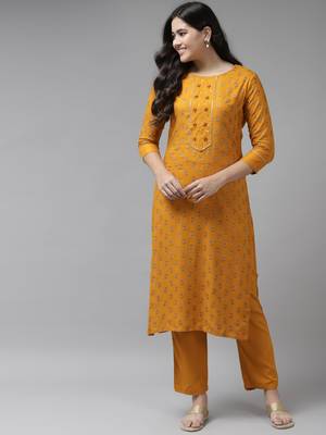 Mustard printed rayon ethnic-kurtis 1