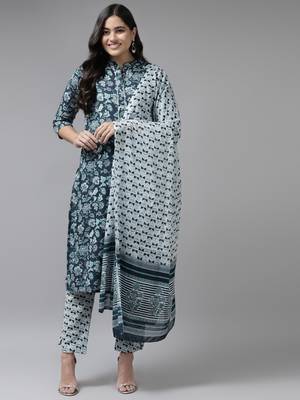 Navy-blue printed cotton ethnic-kurtis 1