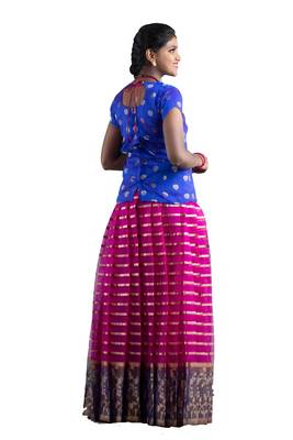 Shivangi Girls Pink Blue Meadow Pattu Pavadai!!! 2