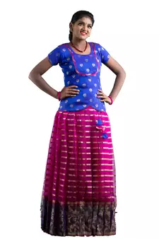 Shivangi Girls Pink Blue Meadow Pattu Pavadai!!!