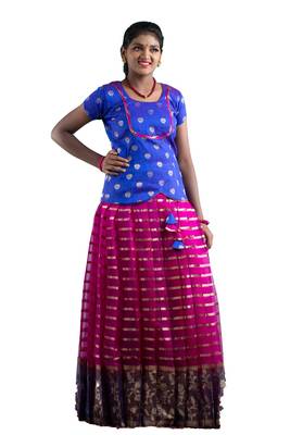Shivangi Girls Pink Blue Meadow Pattu Pavadai!!! 1