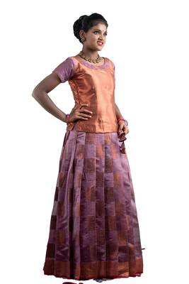 Shivangi Girls Pink Copper Peacock Pattu Pavadai!!! 1
