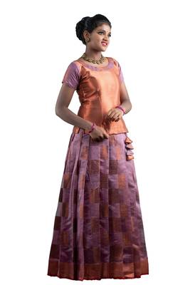 Shivangi Girls Pink Copper Peacock Pattu Pavadai!!! 2