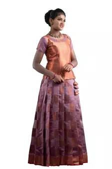 Shivangi Girls Pink Copper Peacock Pattu Pavadai!!!