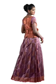 Shivangi Girls Pink Copper Peacock Pattu Pavadai!!!