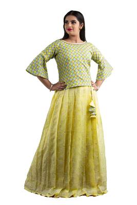 yellow cotton pavadai set with multicolor design work 1