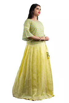 yellow cotton pavadai set with multicolor design work