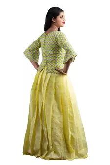 yellow cotton pavadai set with multicolor design work